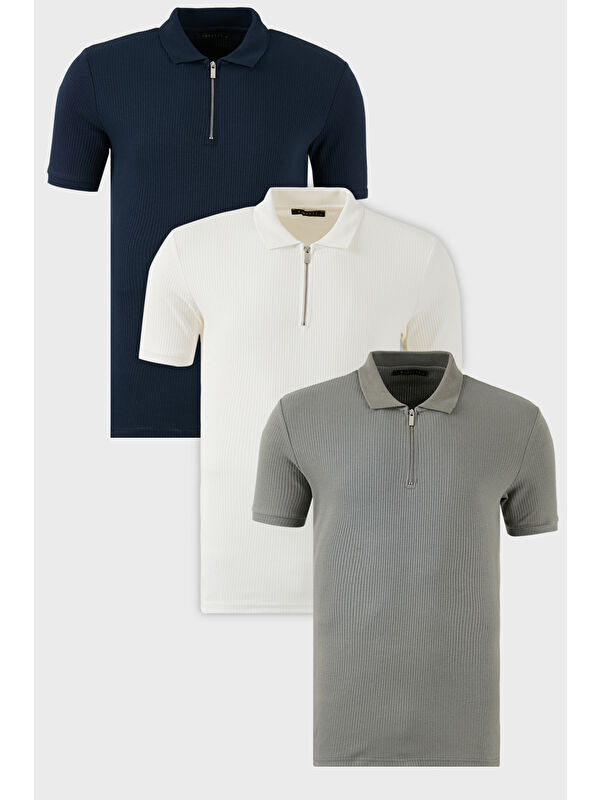 Buratti Pamuklu Regular Fit Yarım Fermuarlı 3'lü Paket Polo Yaka %100 Pamuk Tişört 5902738S3