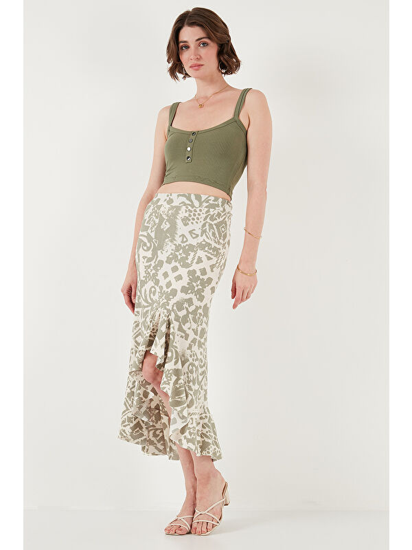 Lela Regular Fit Desenli Yüksek Bel Volanlı Midi Boy Yırtmaçlı Etek 5869013