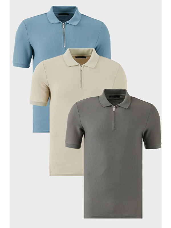 Buratti Pamuklu Regular Fit Yarım Fermuarlı 3'lü Paket Polo Yaka %100 Pamuk Tişört 5902434S3