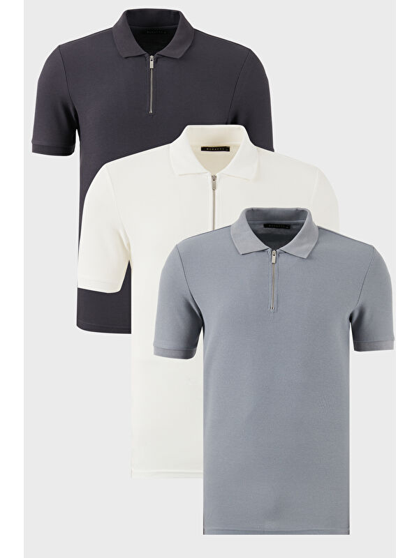 Buratti Pamuklu Regular Fit Yarım Fermuarlı 3'lü Paket Polo Yaka %100 Pamuk Tişört 5902434S3