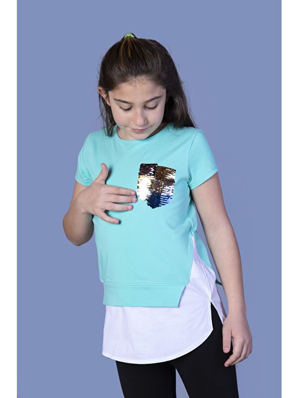 Toontoykids Kız Çocuk Göğsü Cepli Pul Nakışlı Tişört