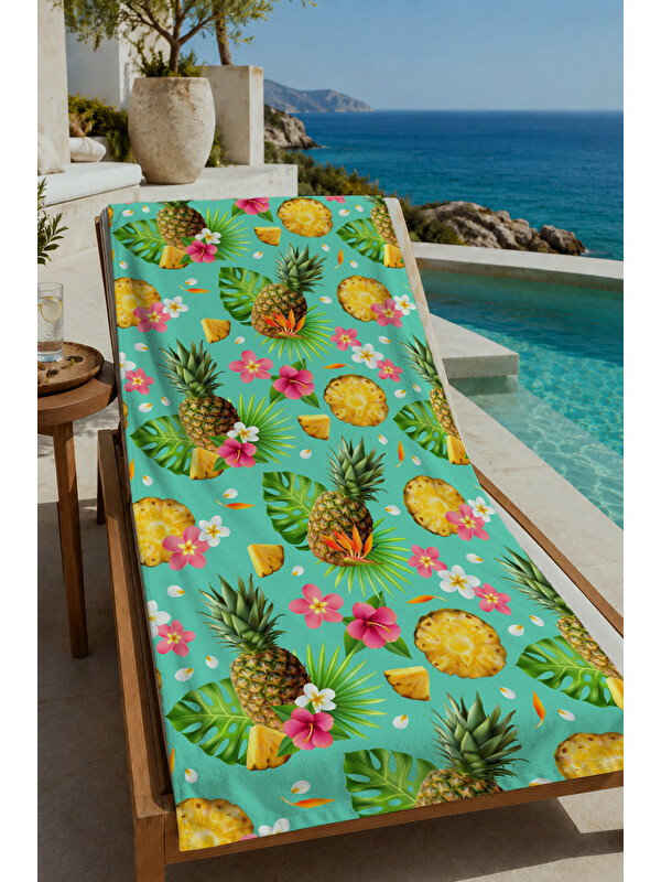 Milbay Grup Mint Yeşili Ananas Çiçek ve Tropikal Yaprak Desenli 70x150 cm Dijital Baskılı Plaj ve Banyo Havlusu