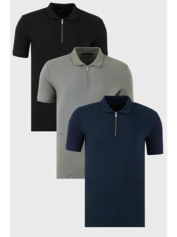 Buratti Pamuklu Regular Fit Yarım Fermuarlı 3'lü Paket Polo Yaka %100 Pamuk Tişört 5902738S3
