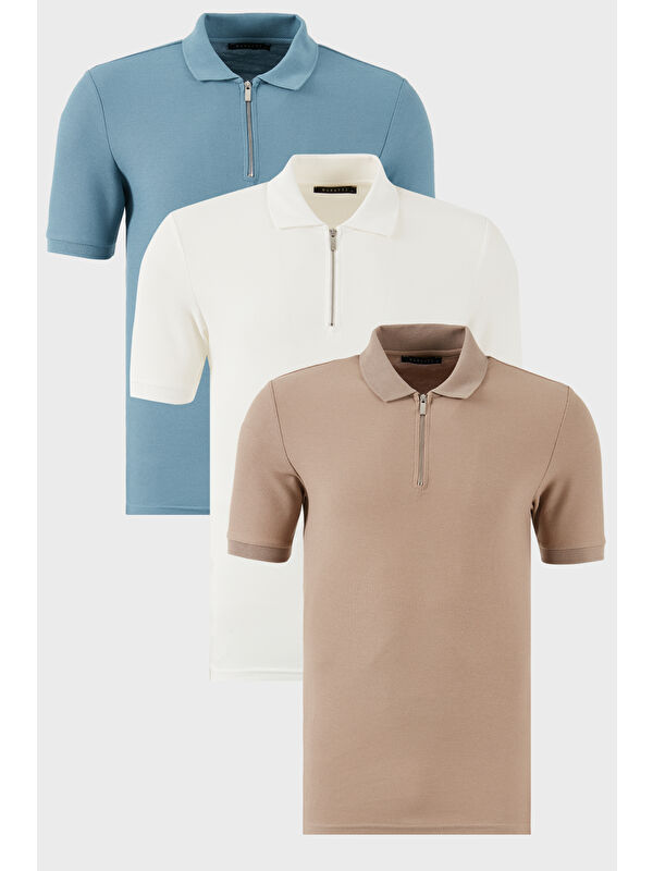 Buratti Pamuklu Regular Fit Yarım Fermuarlı 3'lü Paket Polo Yaka %100 Pamuk Tişört 5902434S3
