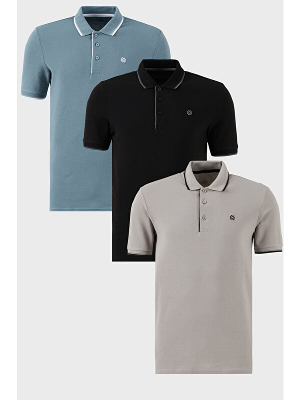 Buratti Pamuklu Slim Fit Şerit Detaylı Düğmeli Polo Yaka 3'lü Paket %100 Pamuk Tişört 5902118S3
