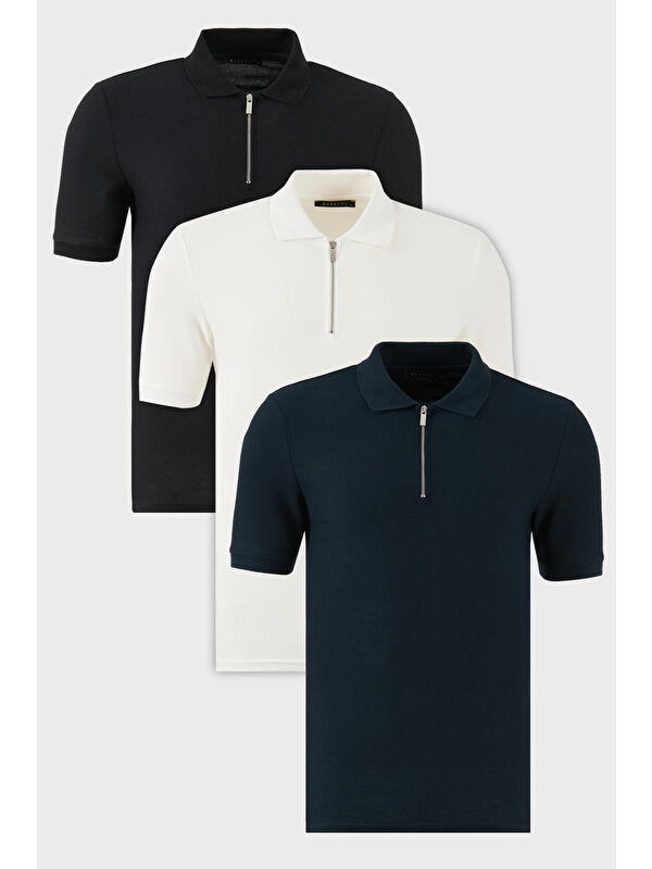Buratti Pamuklu Regular Fit Yarım Fermuarlı 3'lü Paket Polo Yaka %100 Pamuk Tişört 5902434S3