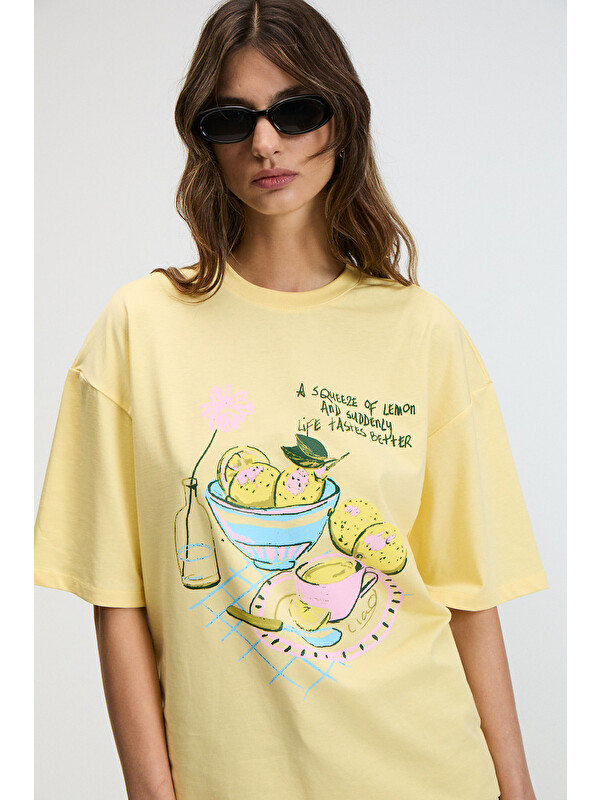 GRIMELANGE NITZA Kadın %100 Pamuk Oversize Bisiklet Yaka SARI T-Shirt
