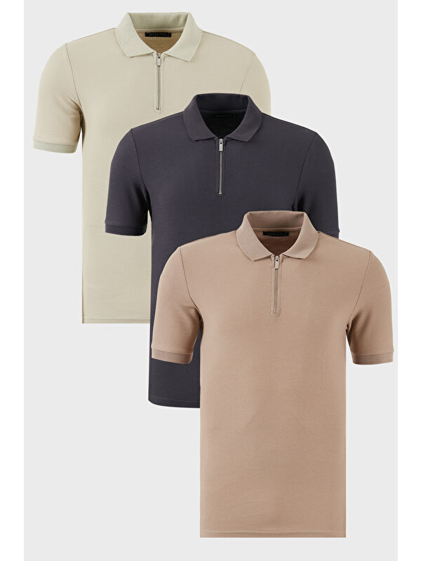 Buratti Pamuklu Regular Fit Yarım Fermuarlı 3'lü Paket Polo Yaka %100 Pamuk Tişört 5902434S3
