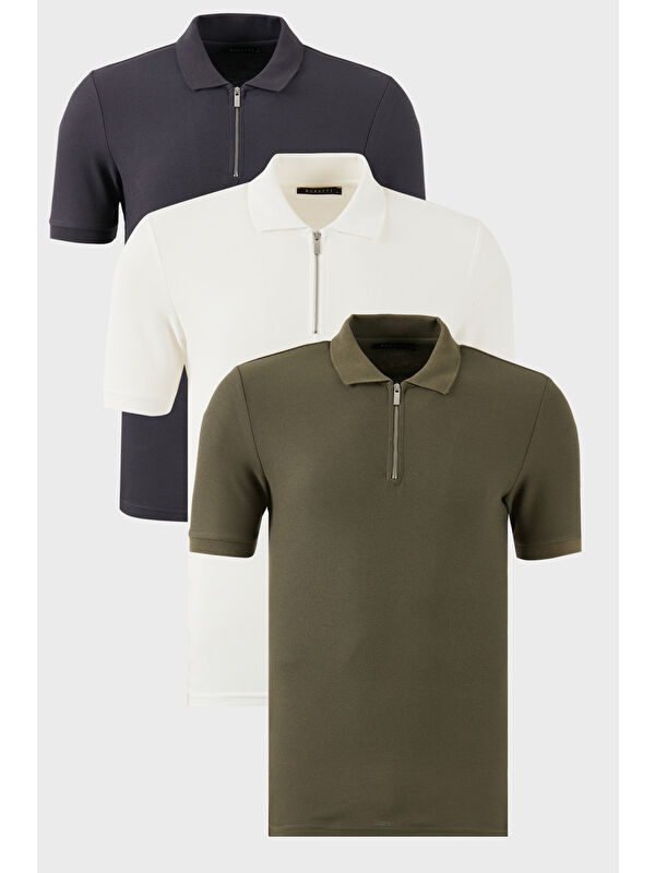 Buratti Pamuklu Regular Fit Yarım Fermuarlı 3'lü Paket Polo Yaka %100 Pamuk Tişört 5902434S3