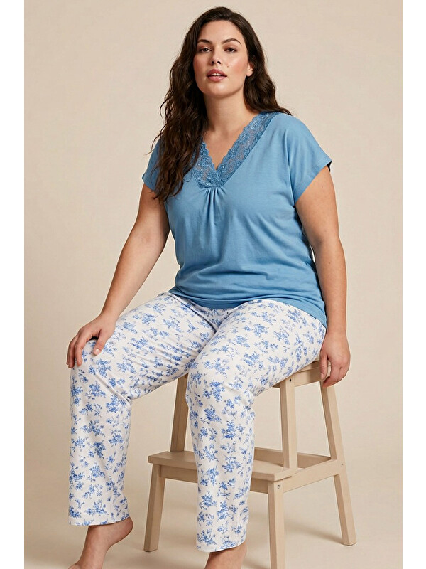 Siyah İnci mavi desenli Büyük Beden Battal Boy Viskon Örme Pijama Takım