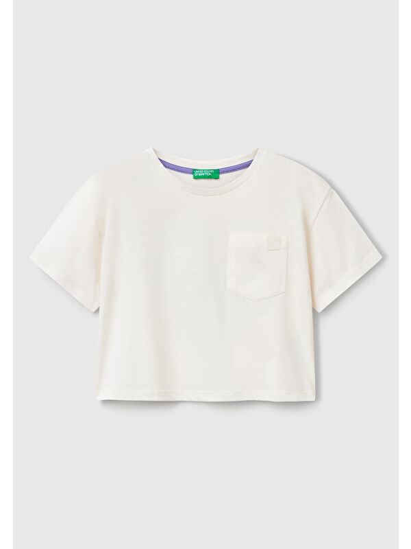 United Colors Of Benetton Kız Çocuk Ekru Arkası Baskılı Yama Cepli T-Shirt