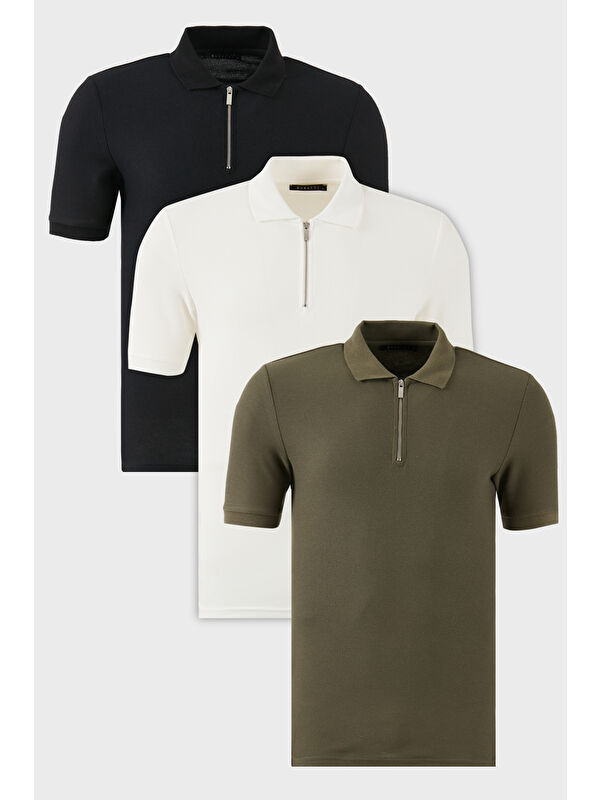 Buratti Pamuklu Regular Fit Yarım Fermuarlı 3'lü Paket Polo Yaka %100 Pamuk Tişört 5902434S3