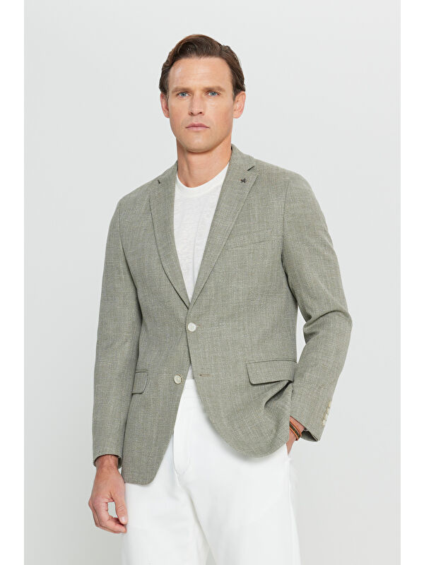 Altınyıldız Classics Erkek Haki Pamuklu Slim Fit Dar Kesim Mono Yaka Armürlü Kapak Cepli Blazer Ceket