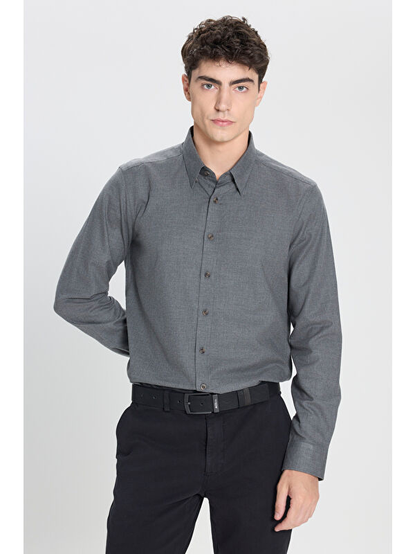 AC&Co / Altınyıldız Classics Erkek Haki %100 Pamuk Slim Fit Dar Kesim Düğmeli Yaka Flanel Gömlek