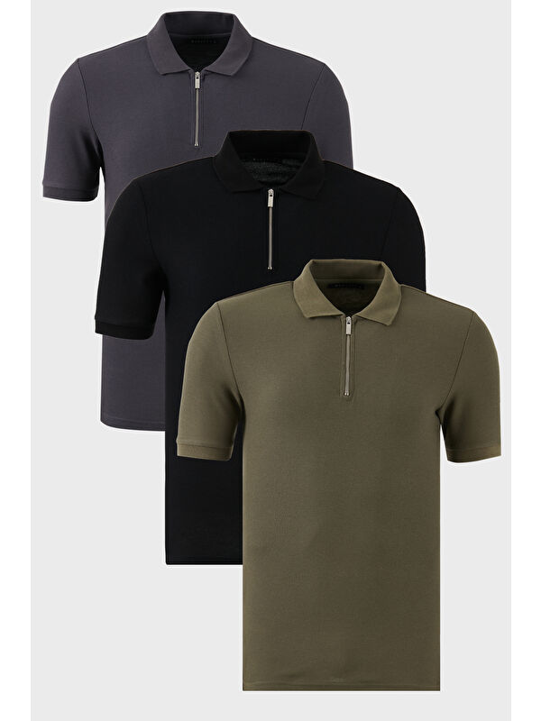 Buratti Pamuklu Regular Fit Yarım Fermuarlı 3'lü Paket Polo Yaka %100 Pamuk Tişört 5902434S3