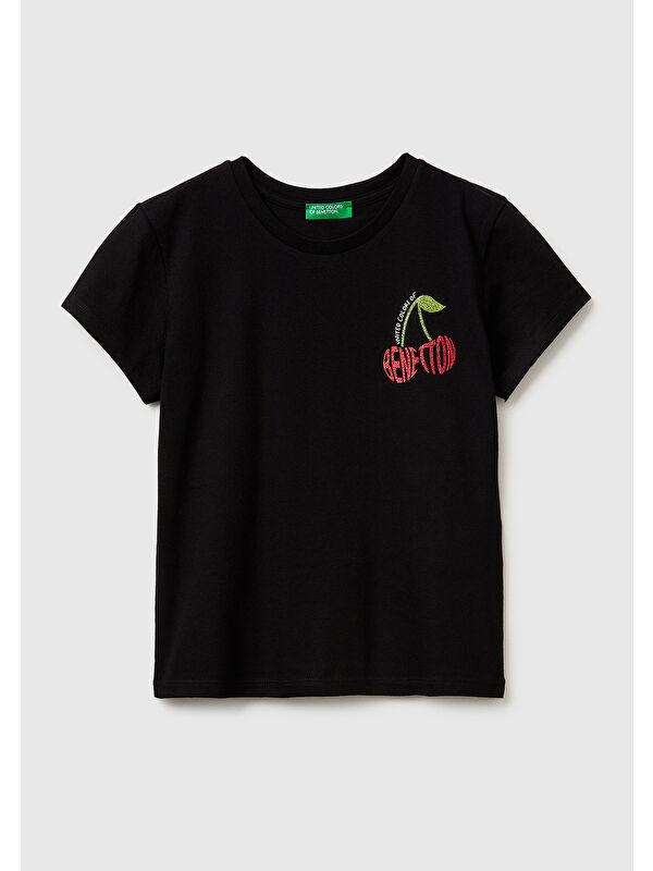 United Colors Of Benetton Kız Çocuk Siyah Simli Logolu Bisiklet Yaka T-Shirt