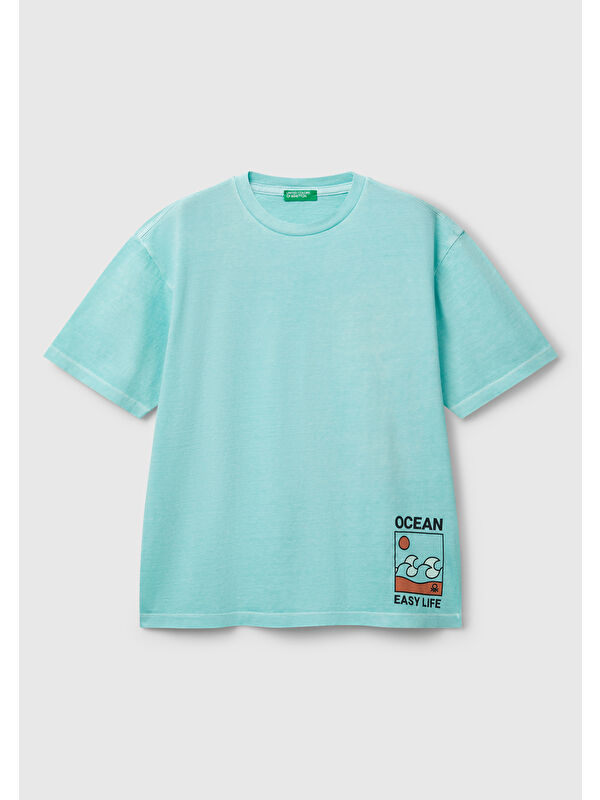 United Colors Of Benetton Erkek Çocuk Turkuaz Slogan Baskılı Soluk Efektli T-Shirt