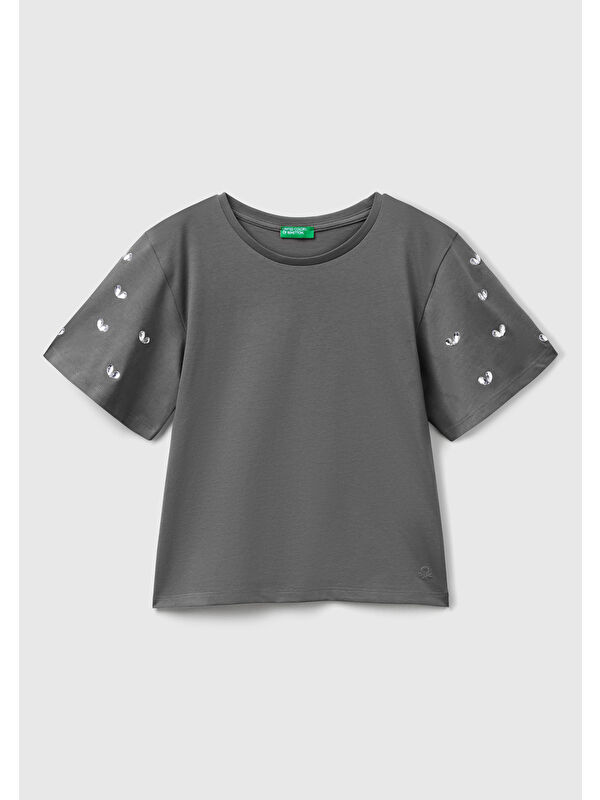 United Colors Of Benetton Kız Çocuk Antrasit Kolları Taş Detaylı Ribana Yakalı T-Shirt