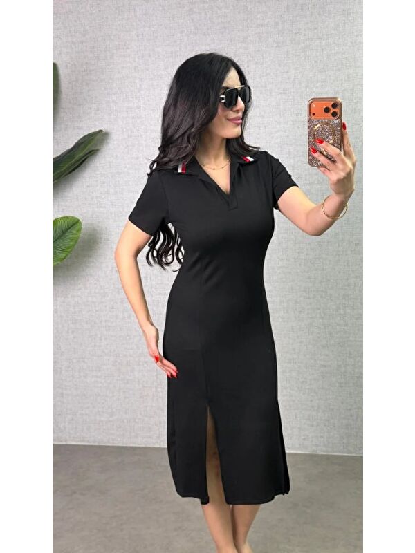 Jane's Kadın Polo Yaka çift Yırtmaç Detay Modal Kumaş Midi Boy Elbise