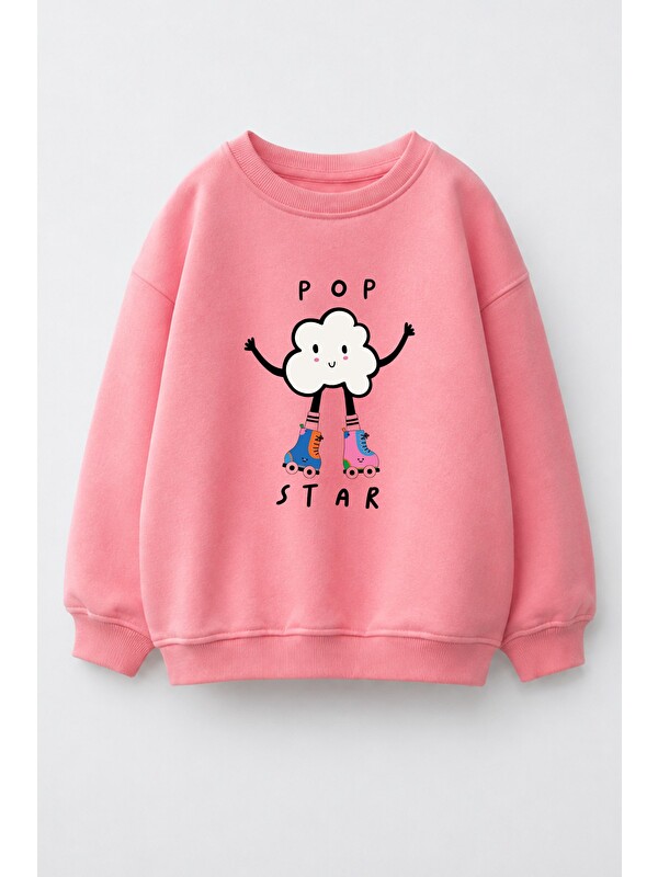 Monila Kız Çocuk 3 İplik Kumaş Pamuklu Popcorn Baskılı Sweatshirt