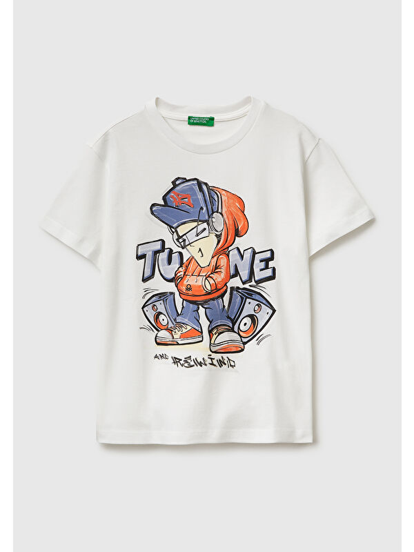 United Colors Of Benetton Erkek Çocuk Beyaz Tema Baskılı Rahat Kalıp Bisiklet Yaka T-Shirt