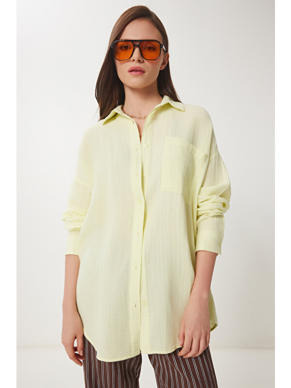 Happiness İstanbul Oversize Basic Müslin Gömlek AÇIK SARI LMX0002