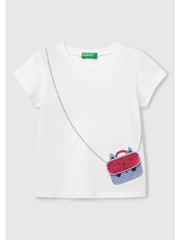 United Colors Of Benetton Kız Çocuk Beyaz Önü Baskılı Bisiklet Yaka T-Shirt
