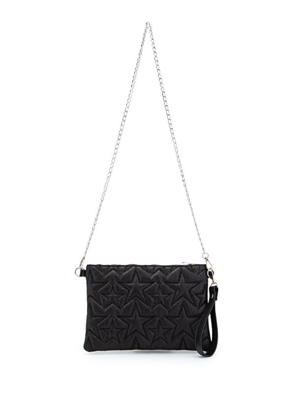 Minebag Yıldız Dikişli Clutch Star Kadın Çanta Simli Siyah