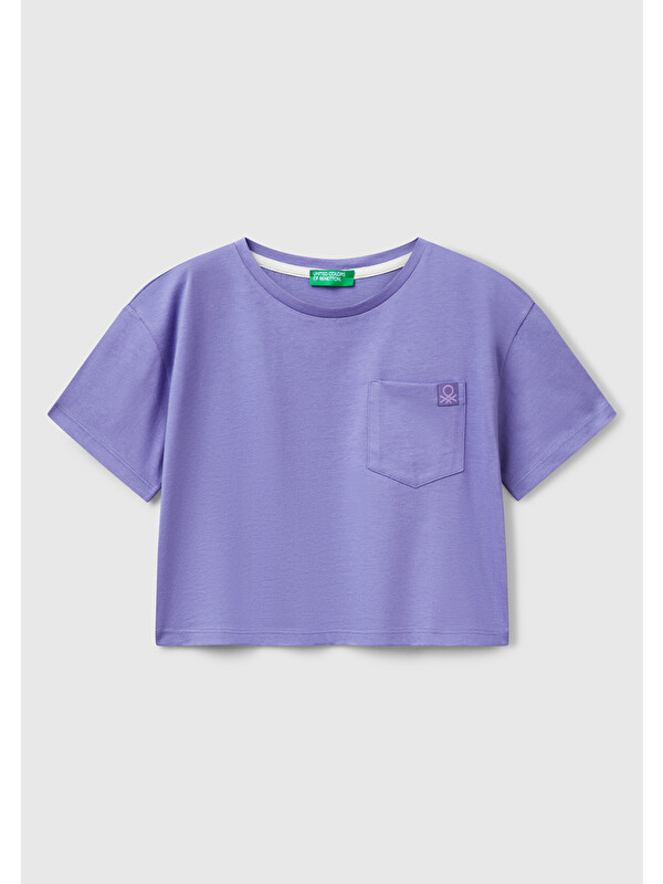 United Colors Of Benetton Kız Çocuk Mor Arkası Baskılı Yama Cepli T-Shirt