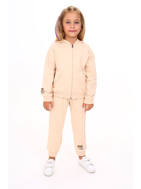 Toontoykids Kız Çocuk 2'li Takım Baskılı Kapüşonlu Fermuarlı Cepli Sweatshirt & Beli Paçası Lastikli Jogger Eşof