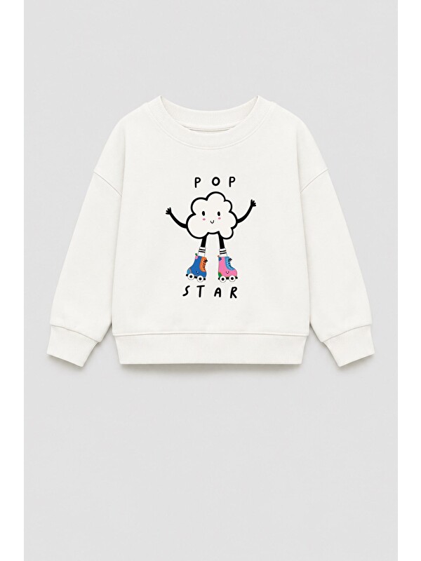 Monila Kız Çocuk 3 İplik Kumaş  Pamuklu Popcorn Baskılı Sweatshirt