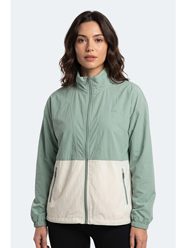 SLAZENGER RESTORED Kadın Dik Yaka Fermuarlı Oversıze Su Yeşili Rüzgarlık