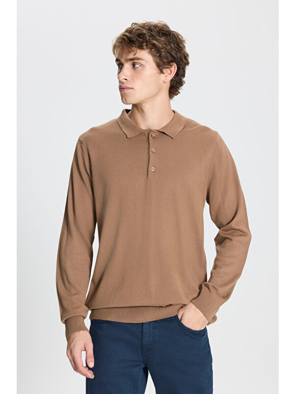 AC&Co / Altınyıldız Classics Erkek Vizon Tüylenme Yapmayan Anti Pilling Kumaş Standart Fit Polo Yaka Triko