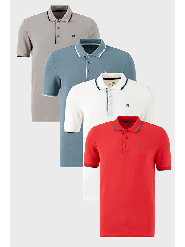 Buratti Pamuklu Slim Fit Şerit Detaylı Düğmeli Polo Yaka 4'lü Paket %100 Pamuk Tişört 5902118S4