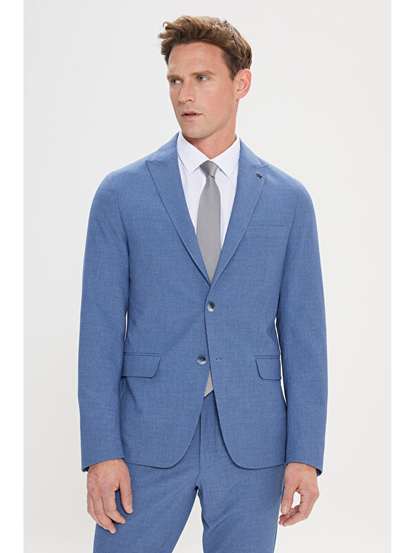 Altınyıldız Classics Erkek Mavi Slim Fit Kırlangıç Yaka Gofre Desenli Takım Elbise