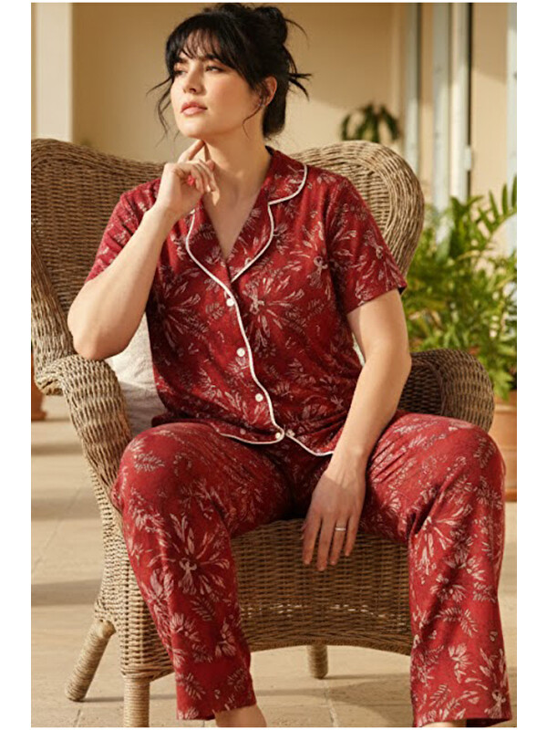 Siyah İnci bordo çiçek desenli Büyük Beden Battal Boy Düğmeli Biyeli Viskon Örme Pijama Takım 26120963