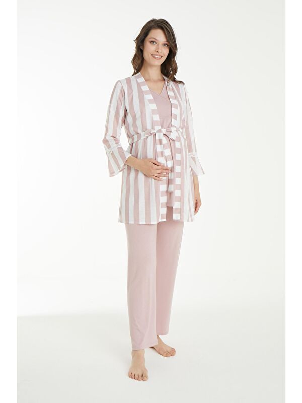 MİSS DÜNYA LİSSA Pudra Beyaz Desen Sabahlıklı Hamile ve Lohusa Pijama Takımı