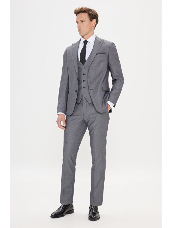 Altınyıldız Classics Erkek Gri-Siyah Slim Fit Kırlangıç Yaka Desenli Yelekli Takım Elbise