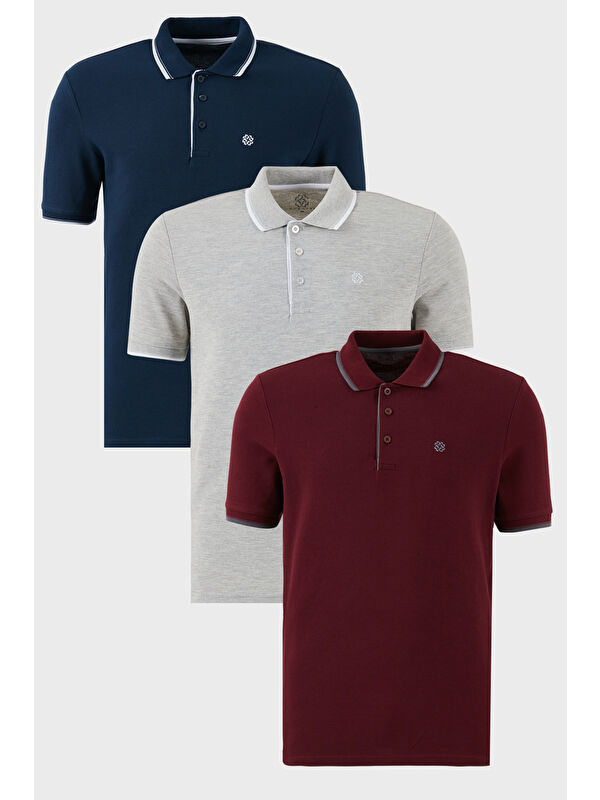 Buratti Pamuklu Slim Fit Şerit Detaylı Düğmeli Polo Yaka 3'lü Paket %100 Pamuk Tişört 5902118S3