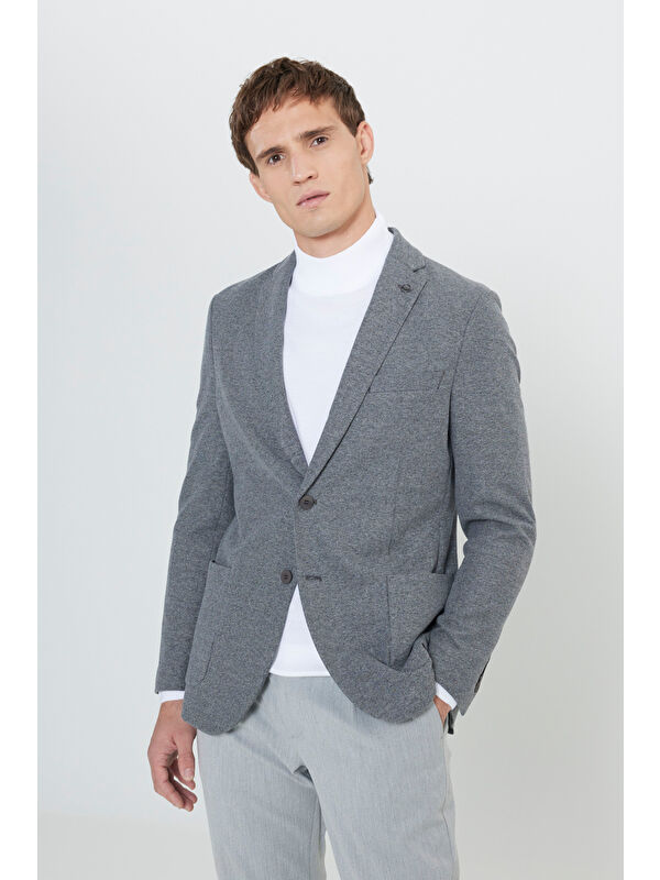 Altınyıldız Classics Erkek Siyah-Gri Slim Fit Dar Kesim Mono Yaka Armürlü Torba Cepli Ceket