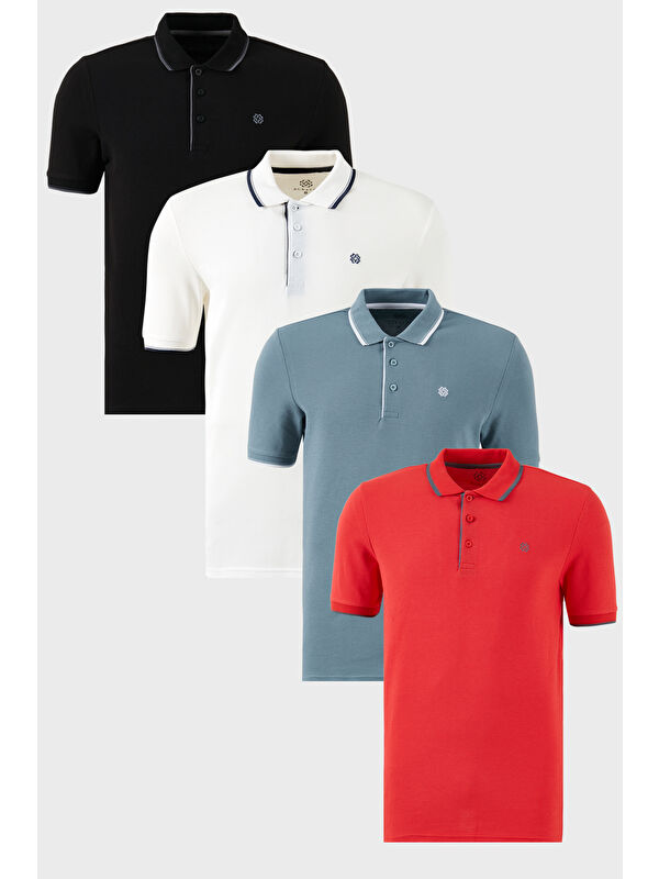 Buratti Pamuklu Slim Fit Şerit Detaylı Düğmeli Polo Yaka 4'lü Paket %100 Pamuk Tişört 5902118S4
