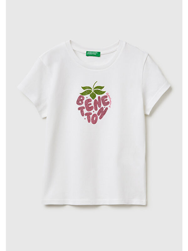 United Colors Of Benetton Kız Çocuk Beyaz Simli Logolu Bisiklet Yaka T-Shirt