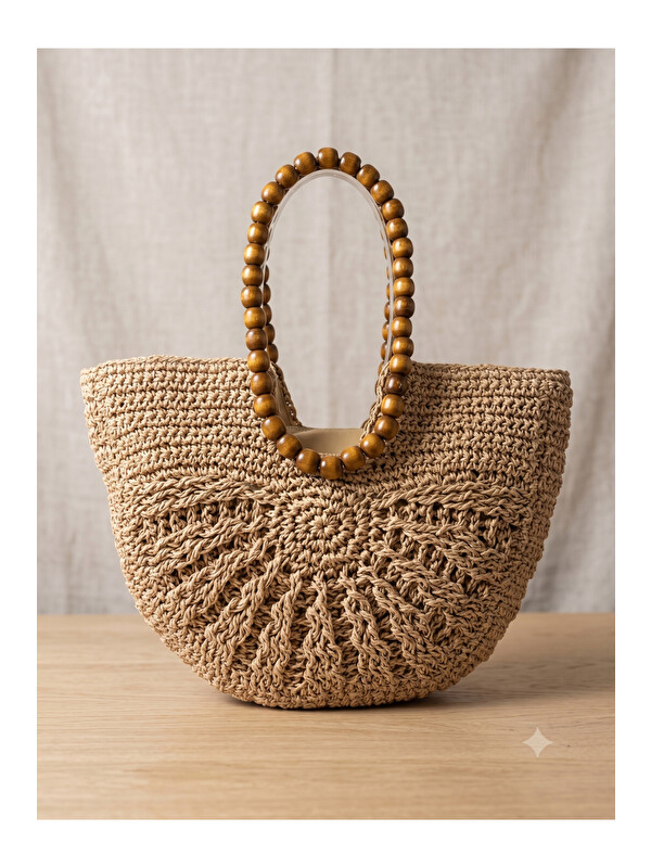 Luminos Butik Camel Boncuklu Hasır Çanta 26x35 CNT1210