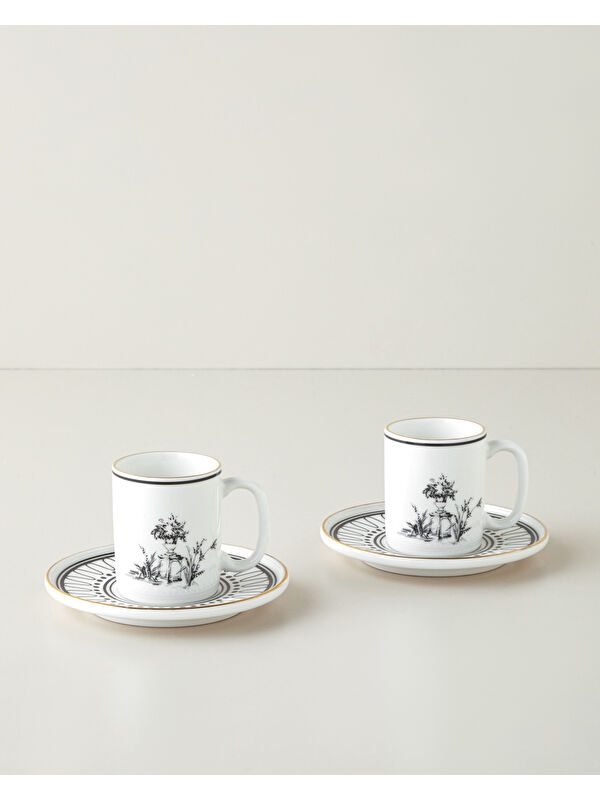 English Home White Chic Bone Porselen 4 Parça 2 Kişilik Kahve Fincan Takımı 90 ml Siyah-Beyaz-Gold