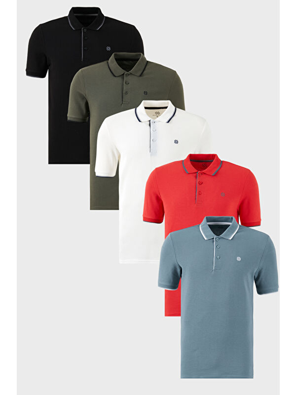 Buratti Pamuklu Slim Fit Şerit Detaylı Düğmeli Polo Yaka 5'li Paket %100 Pamuk Tişört 5902118S5