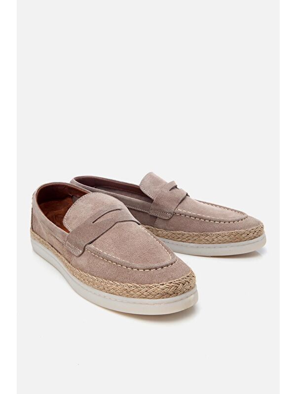 Erkek Süet Deri Bej Hasır Detaylı Günlük Loafer - Görsel 3