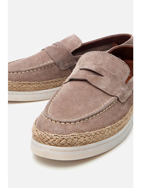 Erkek Süet Deri Bej Hasır Detaylı Günlük Loafer - Görsel 4