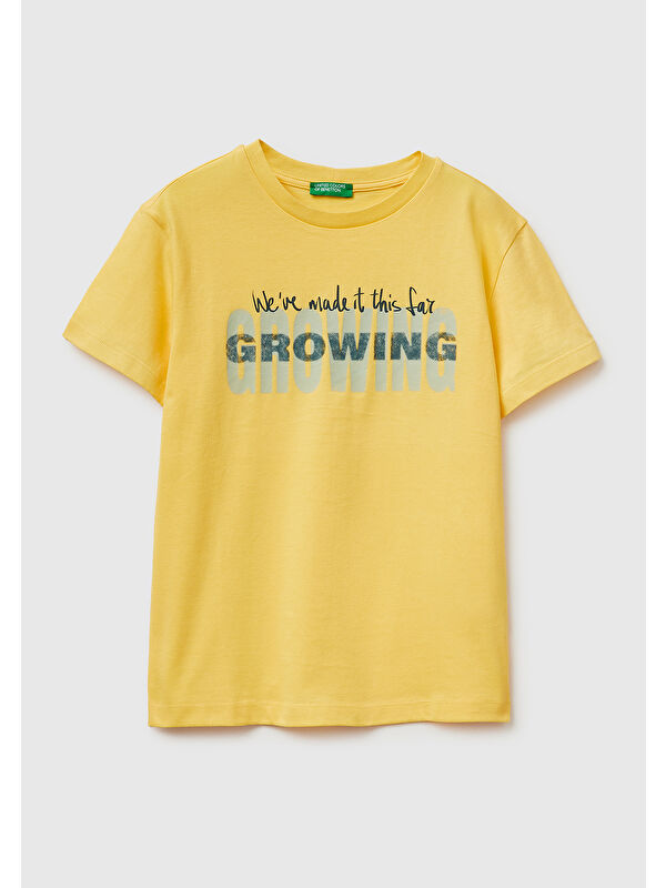 United Colors Of Benetton Erkek Çocuk Sarı Tema Baskılı Rahat Kalıp Bisiklet Yaka T-Shirt