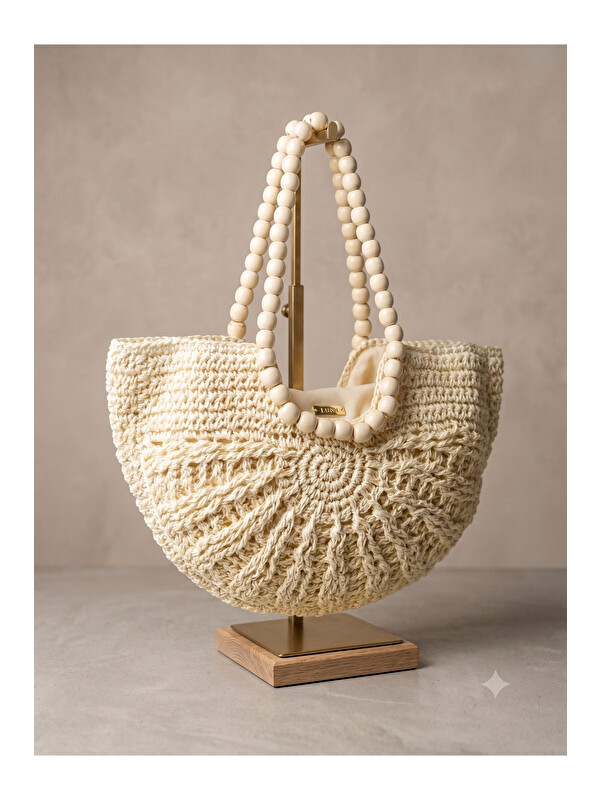 Luminos Butik Bej Boncuklu Hasır Çanta 26x35 CNT1210