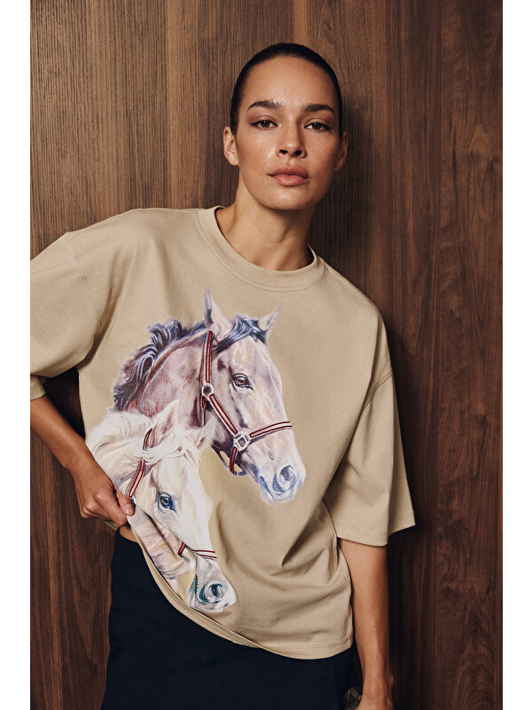 GRIMELANGE RANCHERA Kadın Baskılı Kısa Kollu Relaxed BEJ T-Shirt